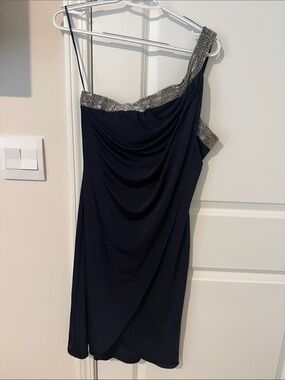 JS Boutique Navy One-Shoulder Dress with Silver Sequin Trim